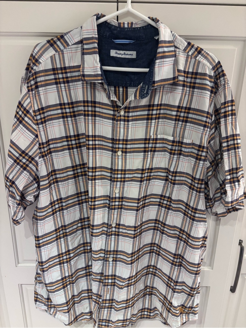 Tommy Bahama White Plaid Short-Sleeve Button-Down with Navy & Brown Accents 2xlt